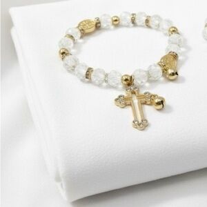Gold Cross Charm Beaded Bracelet in Clear Crystal